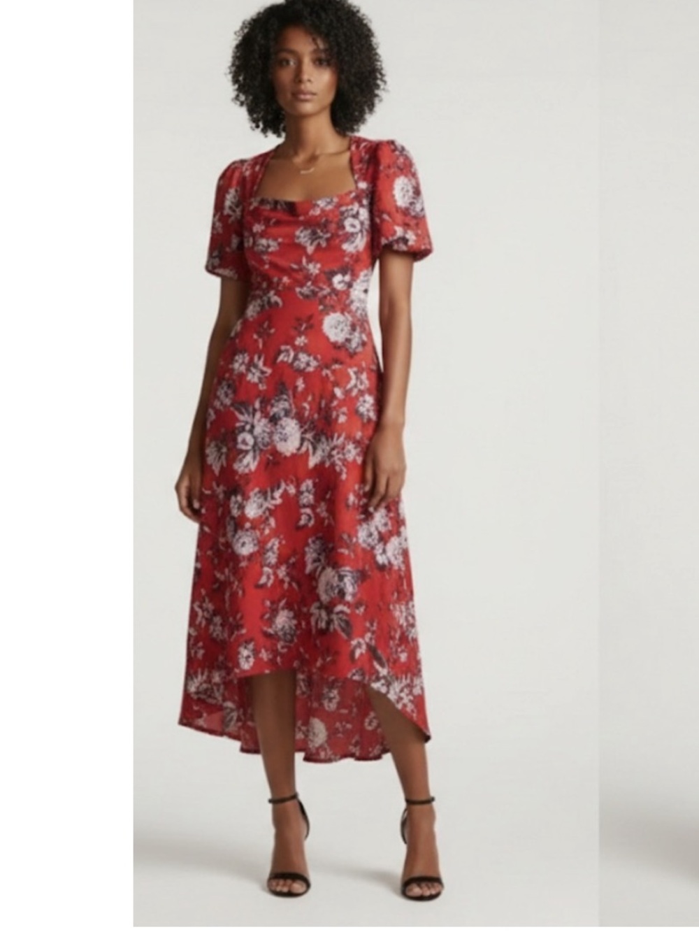 Anthropologie Maeve Red Floral Puff Sleeve Midi Dress Size 16